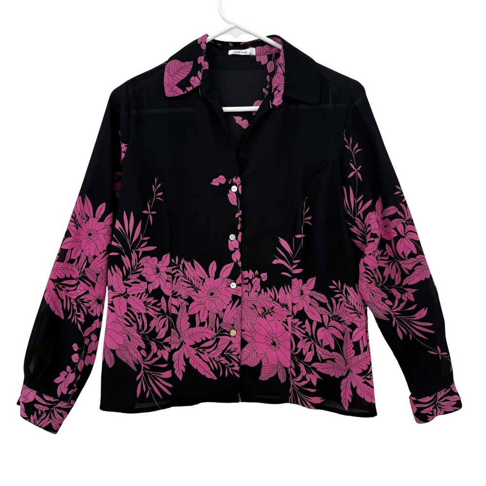 Jaipur Womens Small Black Pink Floral Button Up Long Sleeve Blouse Top R630